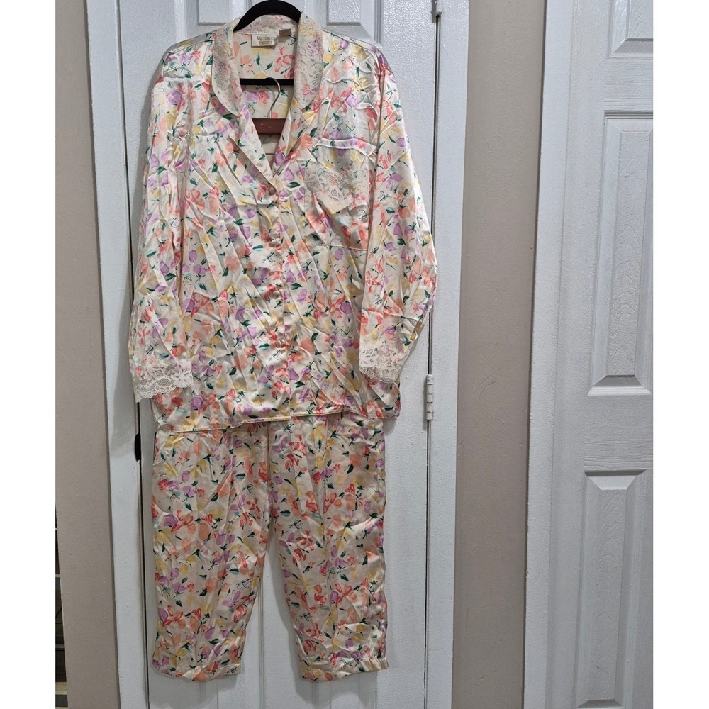 Vtg Victorias Secret Floral Pajama Set Top Pants Long Sleeve Lace Trim L